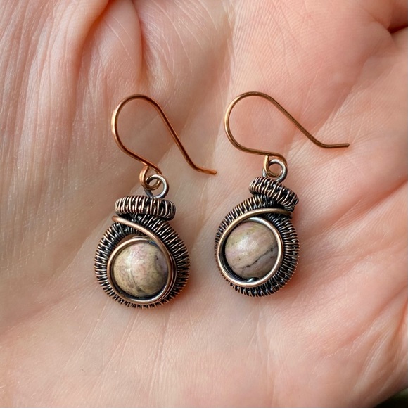 Handcrafted Rhodonite Wire Wrapped Copper Dangle Earrings - Picture 4 of 5